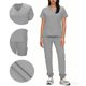 thumbnail image 1 of Conjunto de uniforme médico para mujer, cuello en V, manga corta, blusa, cintura elástica y pantalones deportivos, color sólido, conjunto de trabajo de enfermería de 2 piezas con bolsillos., 1 of 7