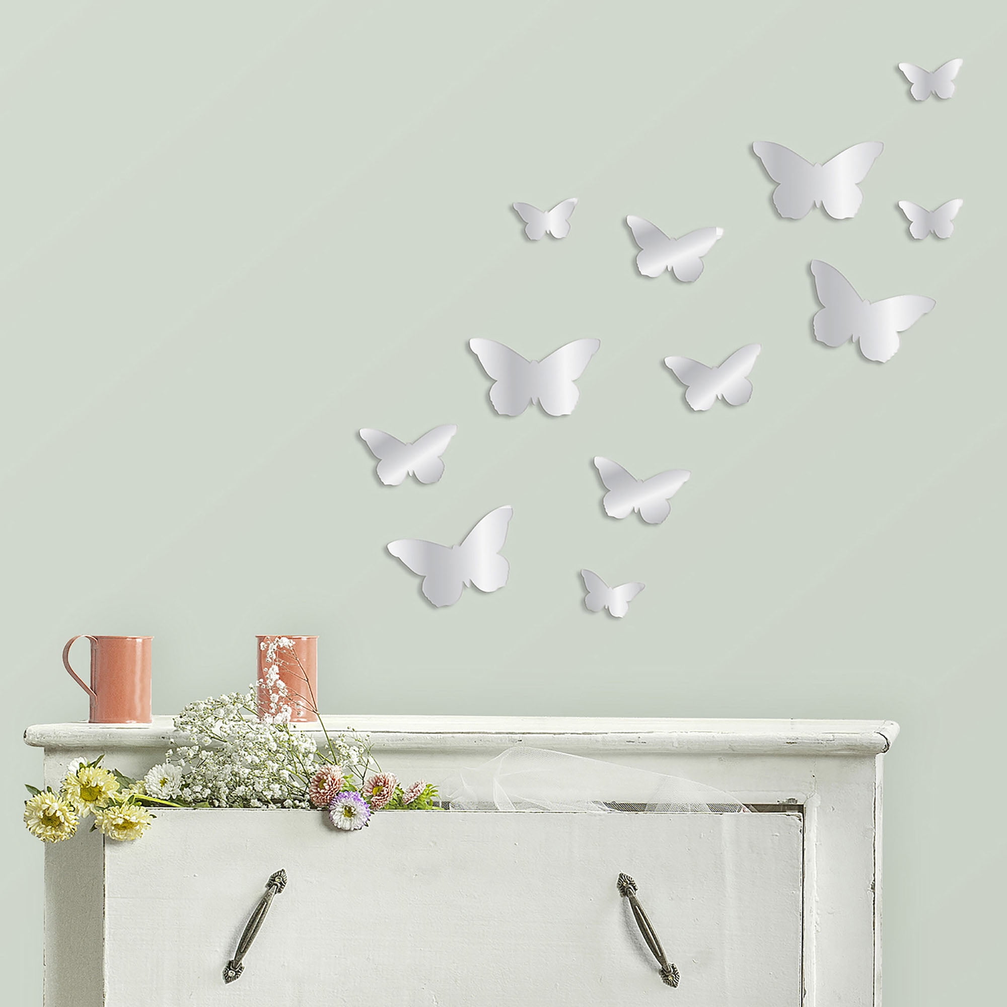 Blue Moon Studio 12Pc Peel and Stick Self-Adhesive Silver Butterfly Wall  Mirror Decals