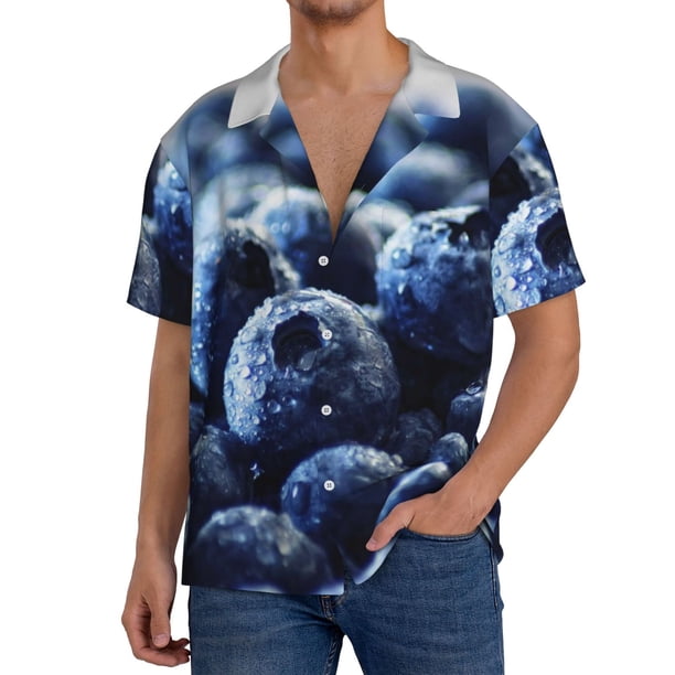 Balery Blueberry Camisa Casual de Manga Corta con Botones para Hombre, Texturizada, Estilo Cubano, para Playa, Verano-4X-Large