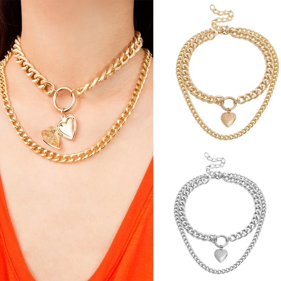 AYYUFE Necklace Thick Chain Double Layer Alloy Love Heart Pendant Choker Necklace for Date