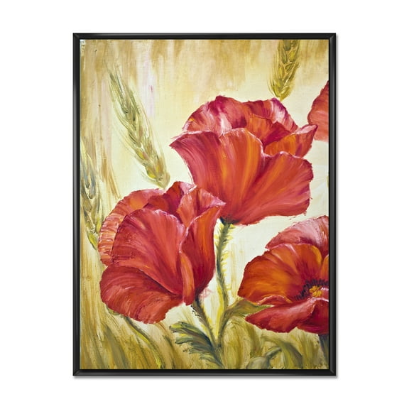 Designart 'Blossoming Red Poppies In Wheat Fields II' Traditional Framed Canvas Wall Art Print
