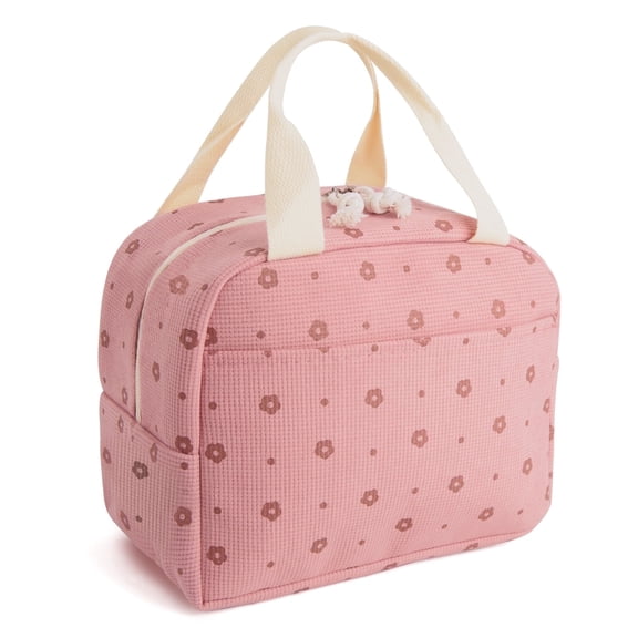 XXXFLOWER Insulated Lunch Bag for Women Men, Large Corduroy Tote Cooler with Cute Pink Flower Print and Pockets
