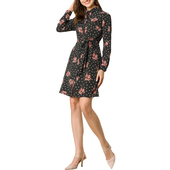 Vestido de camisa floral con cinturón y botones de solapa para mujer Allegra K XL negro rojo