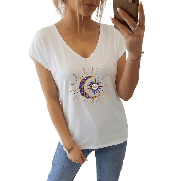 Giffimy Mystical Sun Moon Evil Eye Graphic Tees V-neck Print Tshirt Shirts White HeatherGray S-5XL Tops