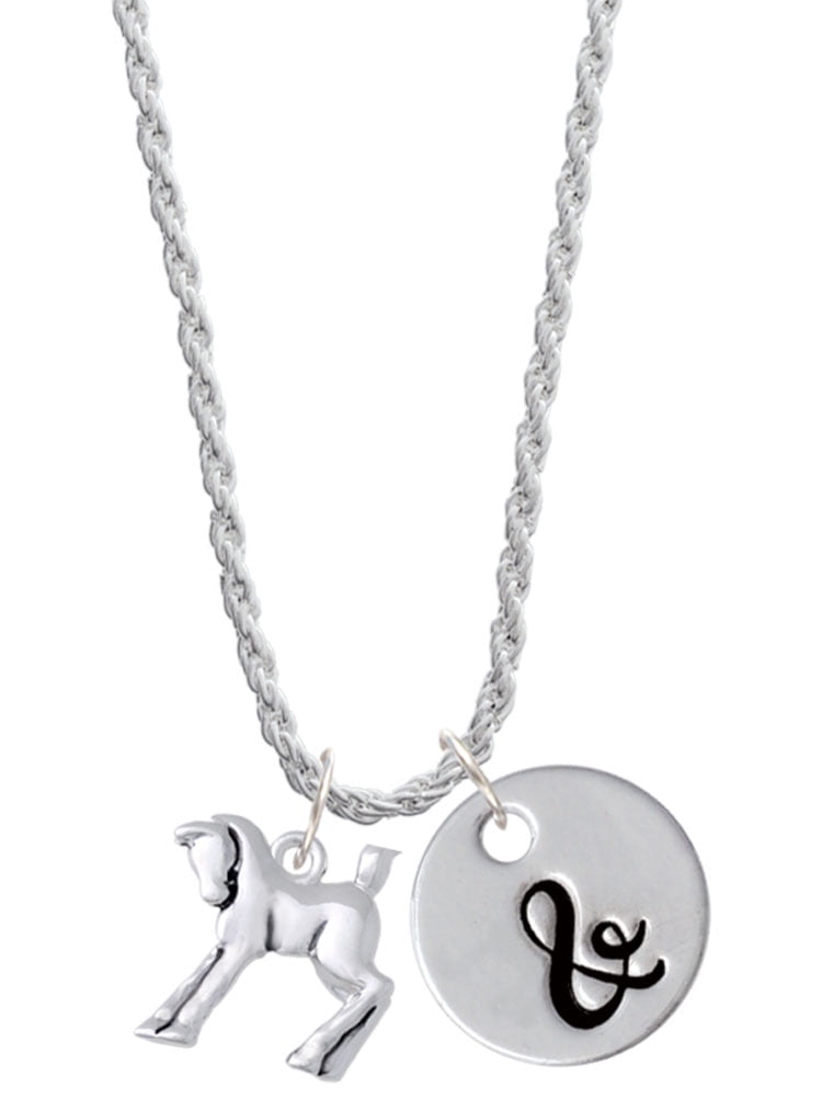 Delight Jewelry Silvertone Equestrian Horse Silvertone Script Initial Disc - & - Charm Necklace, 20"+3"