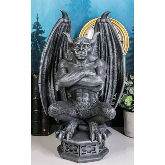 Ebros 12"H Gothic Horned Bulldog Gargoyle W/ Large Wings Crouching On Pedestal