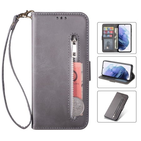for Samsung S22 Ultra Case Wallet Galaxy S22 Ultra Card Pocket Case for PU Leather Kickstand Wrist Strap Zipper Card Holder Case for Samsung Galaxy S22 Ultra Gray