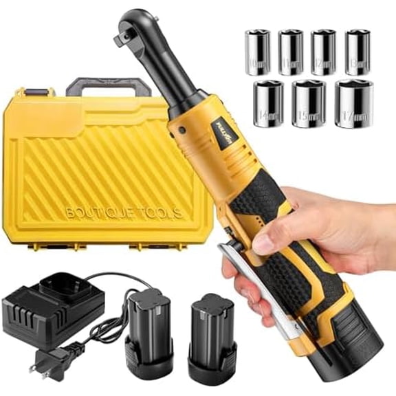 Cordless Electric Ratchet Wrench Set, 3/8" 18V Power Ratchet, 550 RPM, Cordless Ratchet Tool Kit with Variable Speed, LED Light, 2 * 2.0Ah Li-ion Batteries and Fast Charger,Yellow$$Tools & Hardware