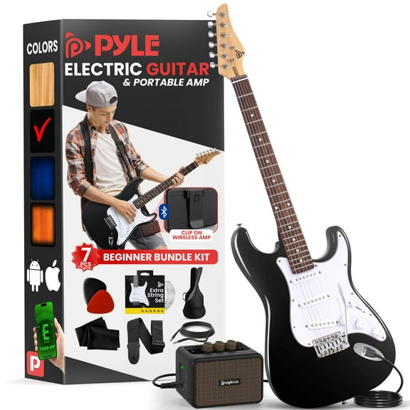 Pyle Full Size Electric Guitar Kit with 5W Amplifier, Gig Bag, Picks, Spare Strings, and Strap, ST-Style Beginner Guitar Bundle with 22 Frets, Paulownia Wood Body, Black