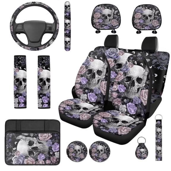 Uorisanigo Rose Skull 14 Pack Car Seat Covers Sets Auto Seat Belt Cover Car Steering Wheel Cover and Cars Headrest Cover Auto Armrest Cover Water Cup Pad Keychain Soft Fit for Cars and SUVs