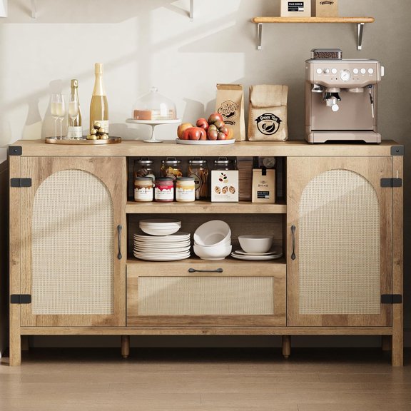 Senfot 59" Rattan Sideboard Buffet Cabinet, Boho Wooden Coffee Bar with Open Shelves & Drawer, Farmhouse Dining Room & Living Room Storage, Wood Finish