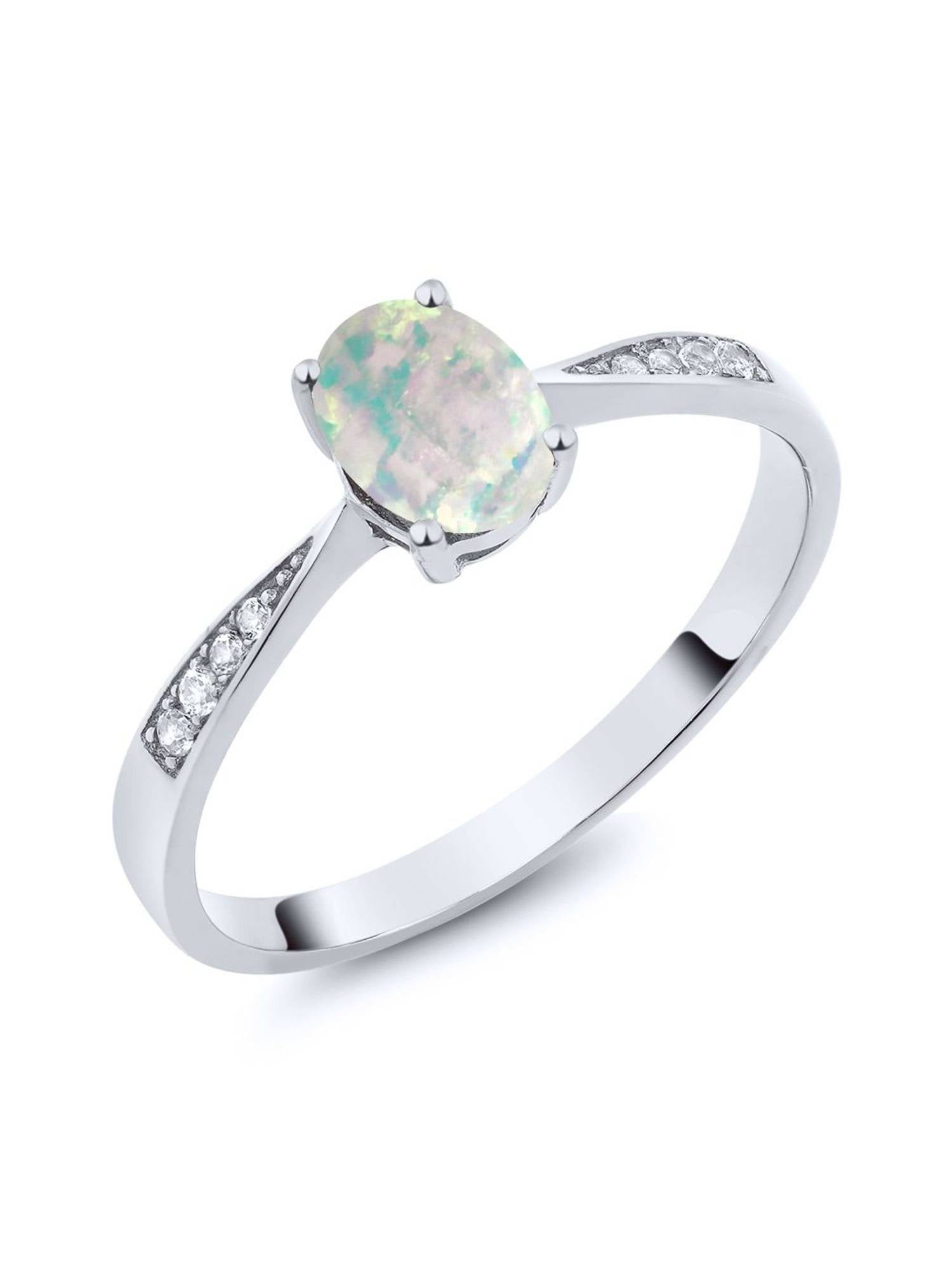 10K White Gold Diamond Ring with 0.69 Ct Cabochon White Simulated Opal by