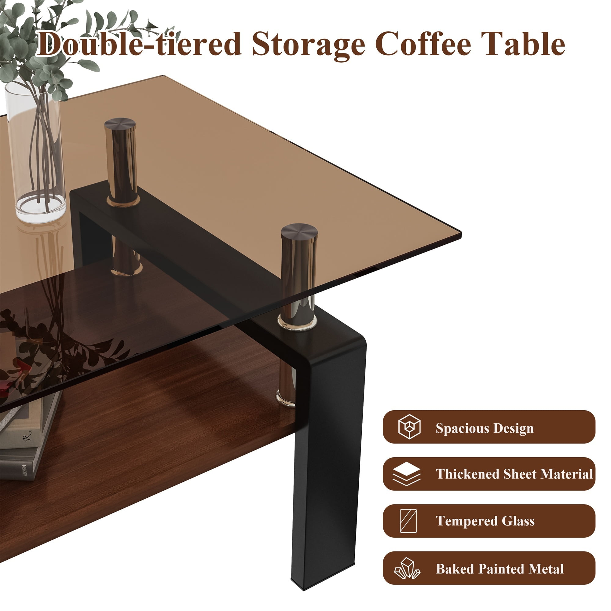 Alvantor Glass Coffee Table, 38.6" Modern Rectangle Tables with MDF Layer for Living Room Brown