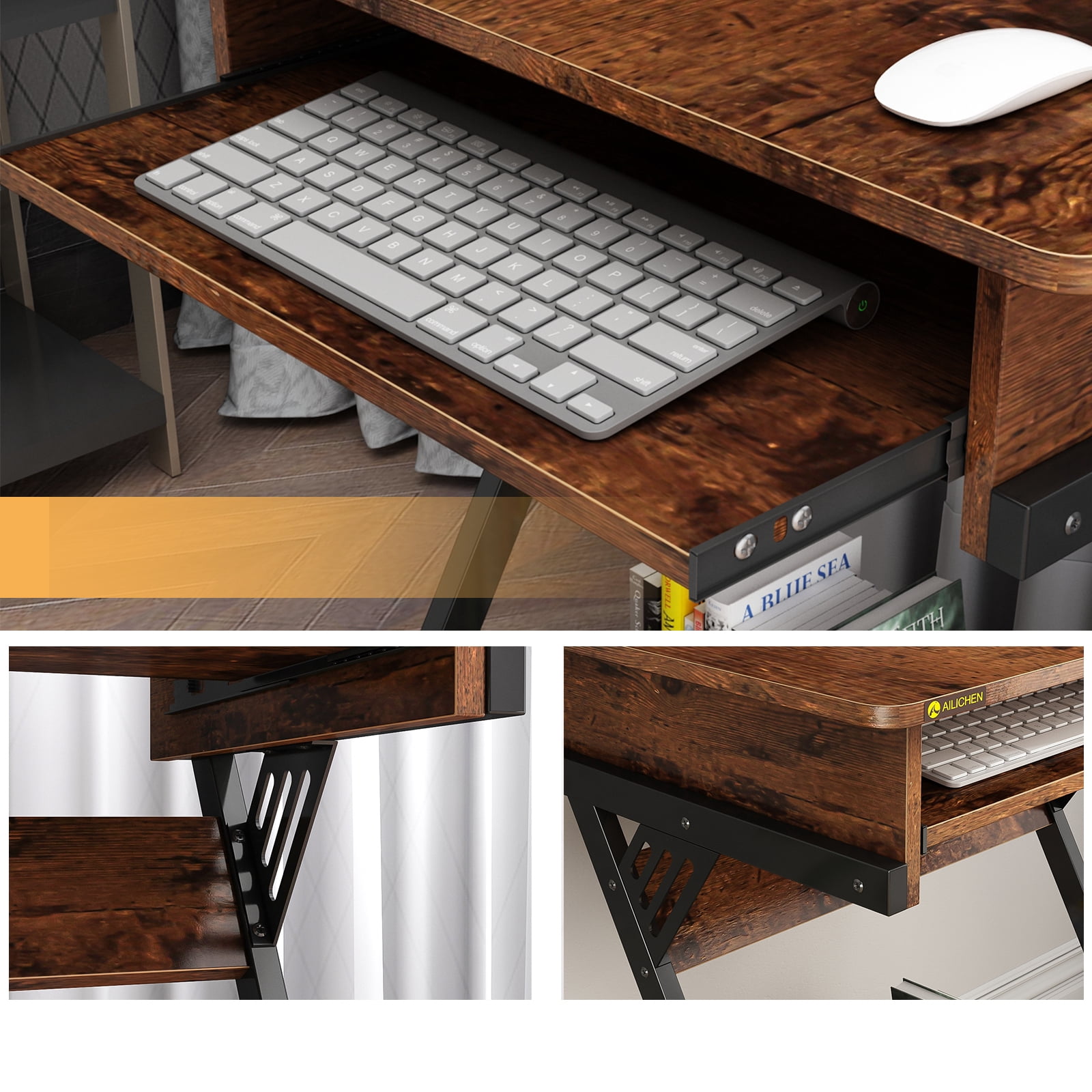 MIN EN WIN 2 Tiers Rolling Computer Desk with Keyboard Tray and Printer Shelf for Home Office, Mobile Computer Desk for Small Space, Retro Computer Table Compact PC Laptop Workstation, Rustic Brown