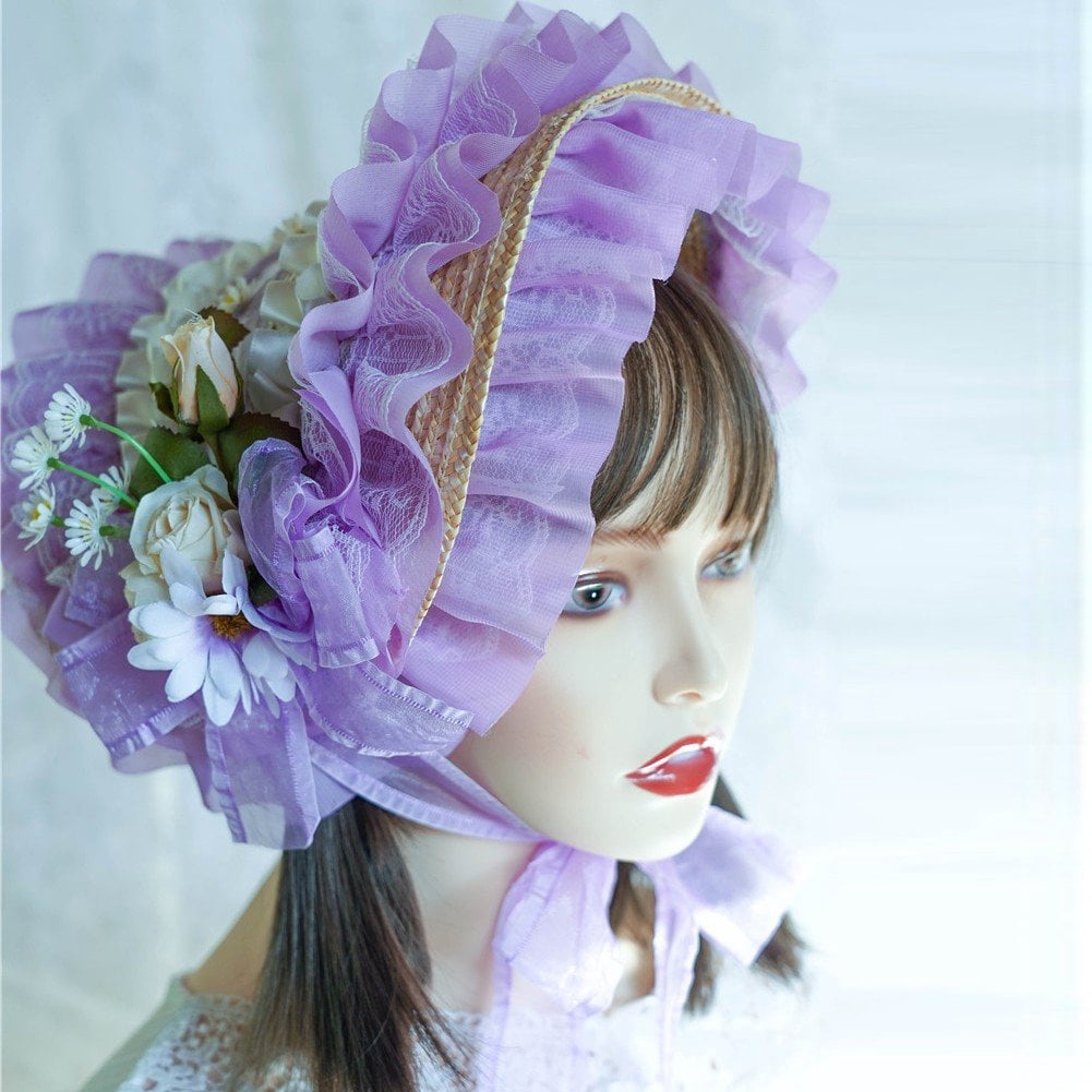 Jiibva Victorian Lace Flowers Bonnet Hat Teas Party Sunhat Flower Straw Hat Fashionn Beach Hats Headdress for Women