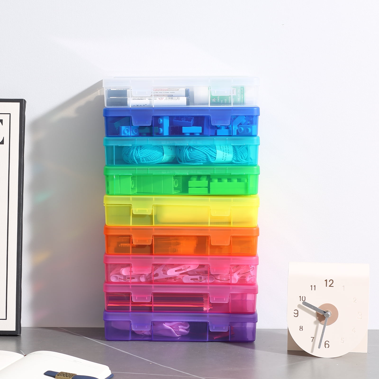 Novelinks 9 Pack Medium Stackable Plastic Storage Box Containers Clear Hobby Art Craft Organizer Rectangle Box for Pencil Box Lego Crayon Beads Jewelry ,Colorful