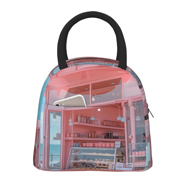 Fotbe Pastel Pink Beach Cafe Bolsa de Almuerzo con Estampado, Lonchera Aislada, Contenedor de Comida Reutilizable Tipo Cooler a Prueba de Fugas
