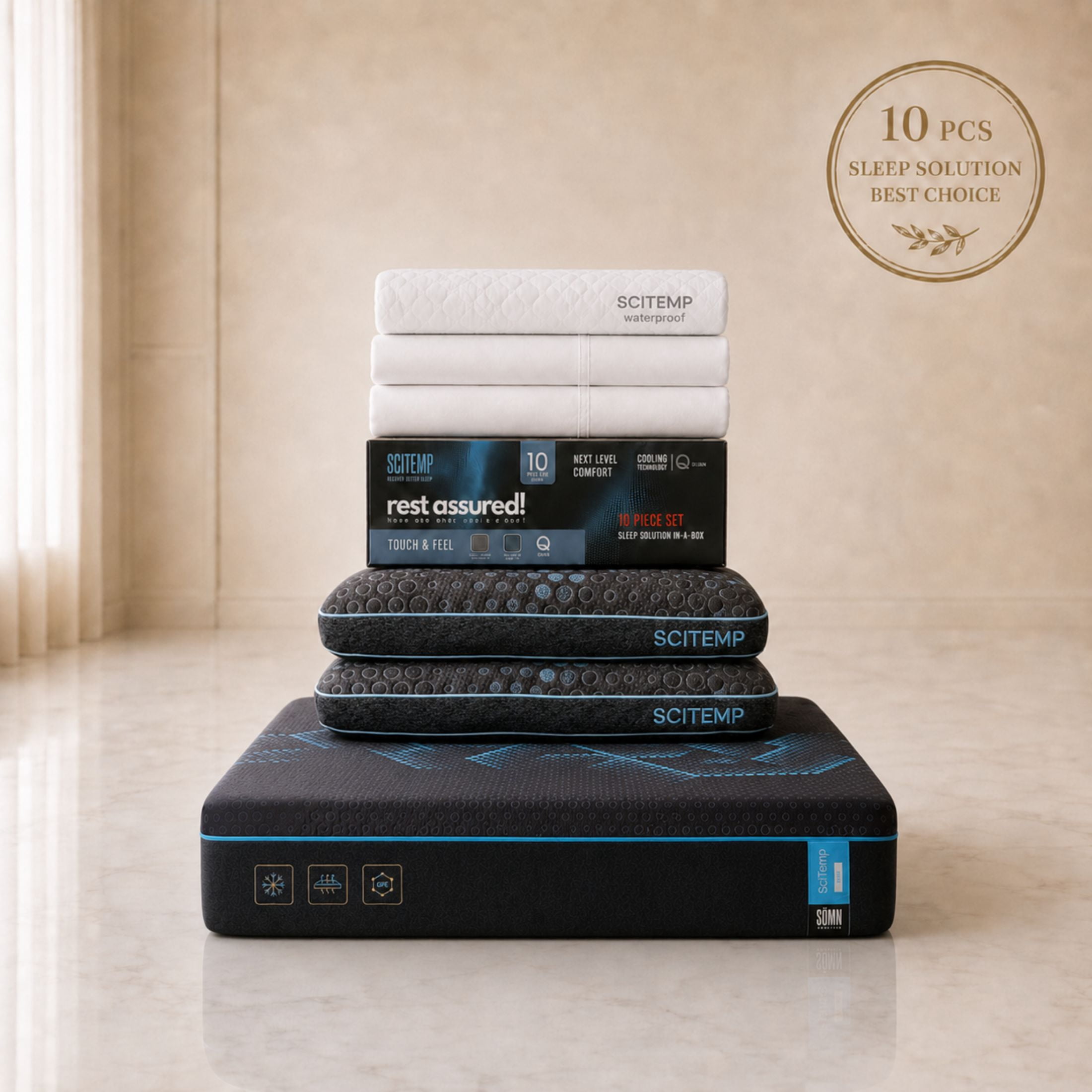 SciTemp by Somn Company 7-Piece Sleep Solution 14" Graphene + IceTech Cooling Memory Foam Mattress, Twin XL.