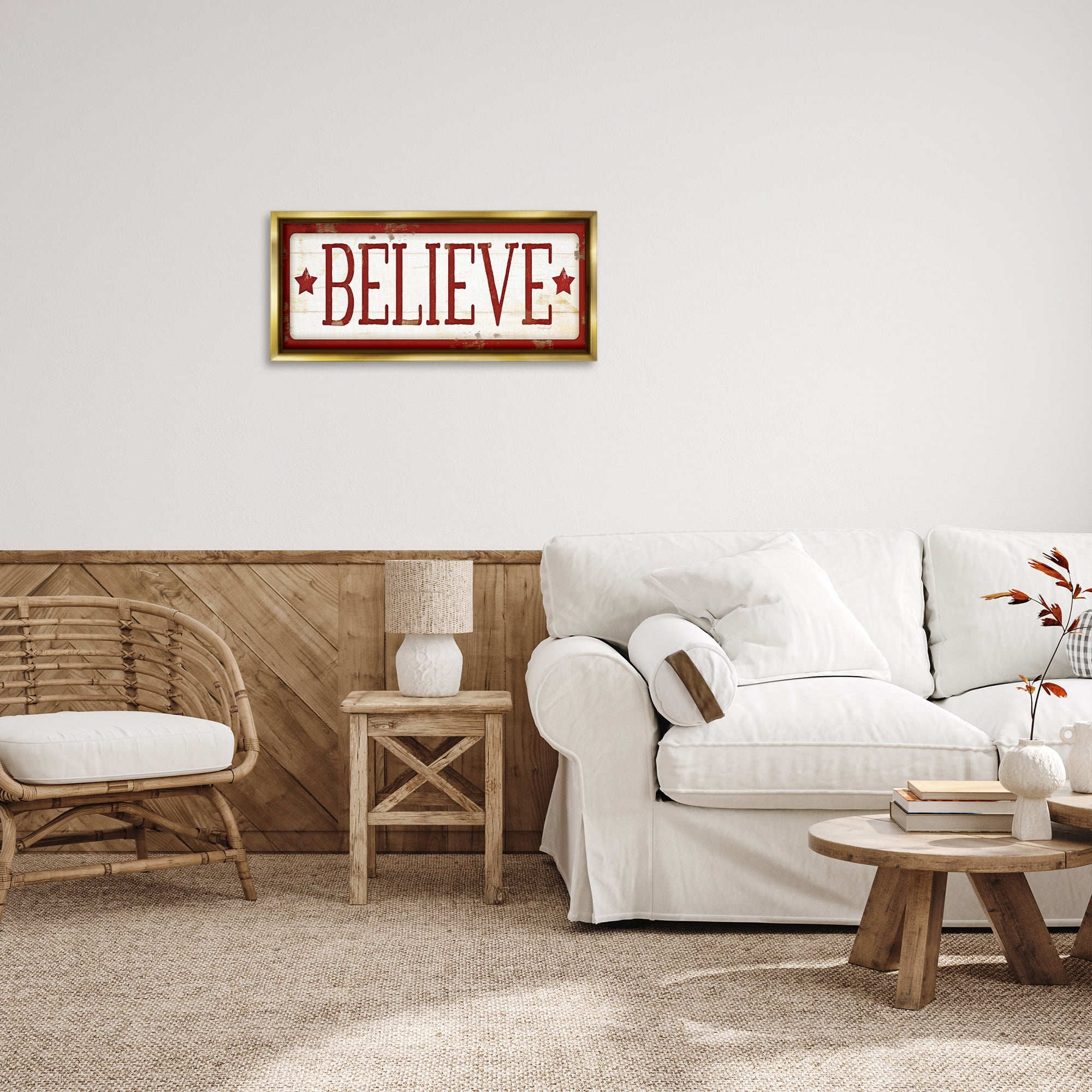 Stupell Industries Believe Red Christmas Phrase Holiday Painting Gold Floater Framed Canvas Art Print Wall Art, 25 x 11