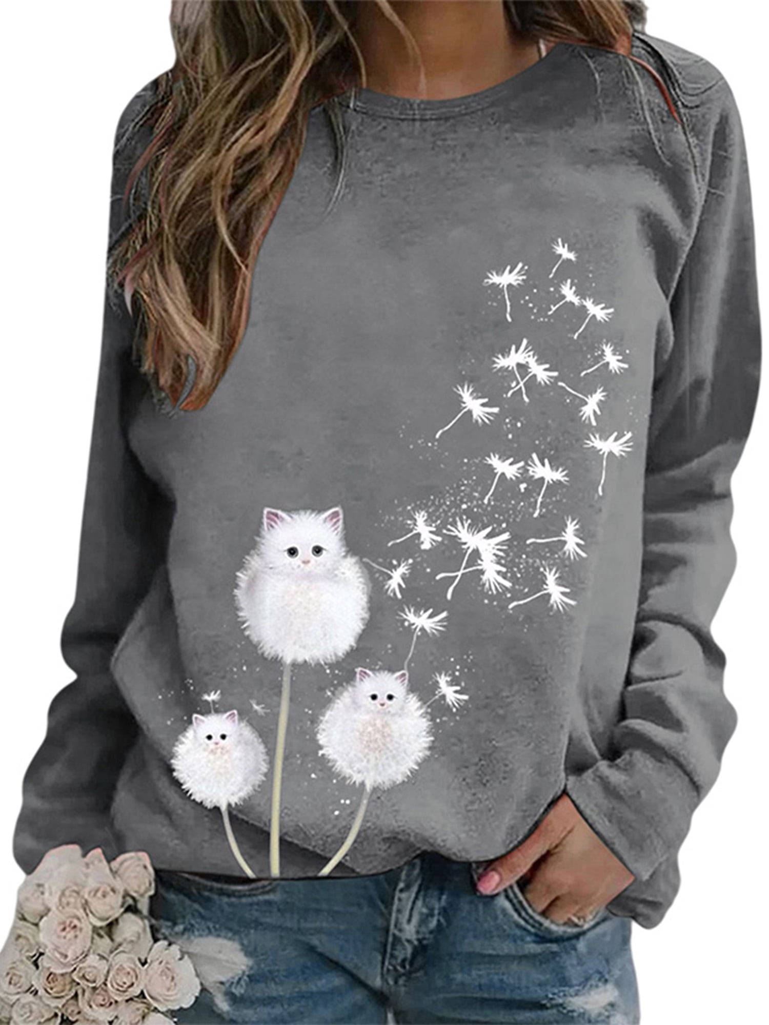Women's Fashion Pullover Casual T-Shirts Blouse Print Tops Long Sleeve pretty