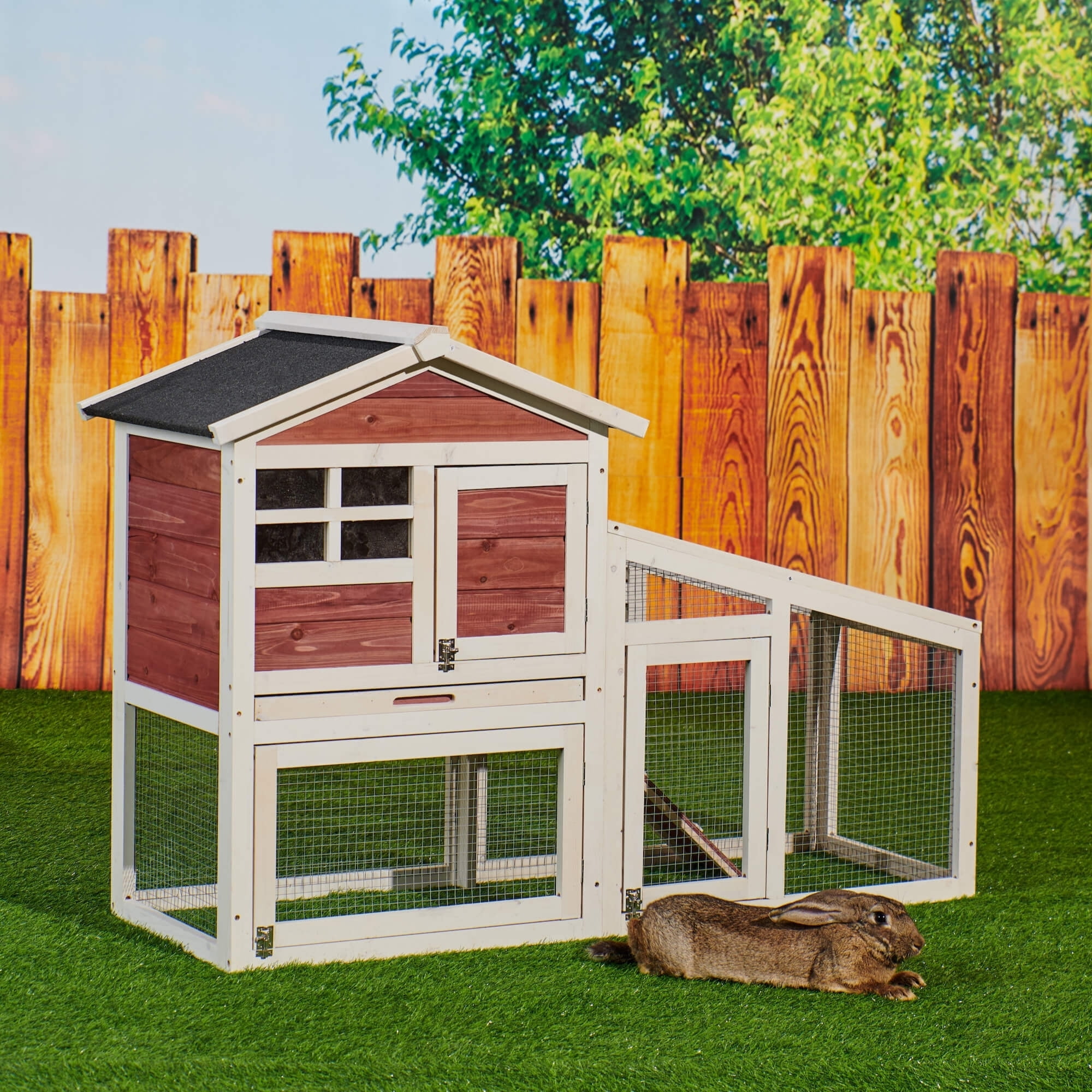 Kepooman 2-Tier Wooden Bunny Cage with Ventilation Door & Removable Tray, Rabbit Hutch Hen House, Auburn