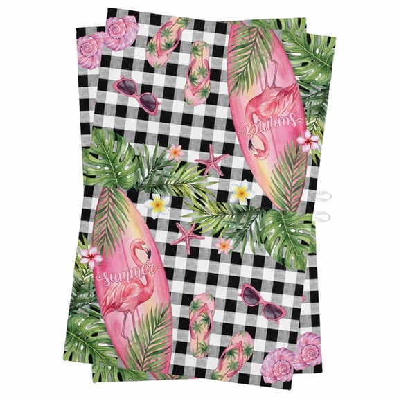 Summer Flamingo Kitchen Towels Set of 2, Water Absorbent Dish Towel, Tropical Plants Botanical Floral Black Plaid Decorative Hand Towels - Quick Drying Cloth for Cooking Baking, 18x28 Inch