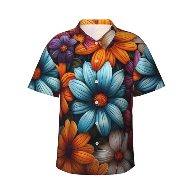 Fotbe Colorful Blooming Flowers Camisa Hawaiana para Hombre Unisex – Camisa Casual de Verano con Botones de Manga Corta de Algodón y Lino,Small