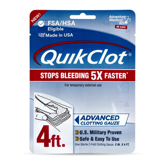 Adventure Medical Kits QuikClot Advanced Clotting Gauze - Stops Bleeding Up to 5x Faster Than Standard Gauze - Kaolin Hemostatic Dressing - For First Aid Kits & Survival Gear - 3 x 48"