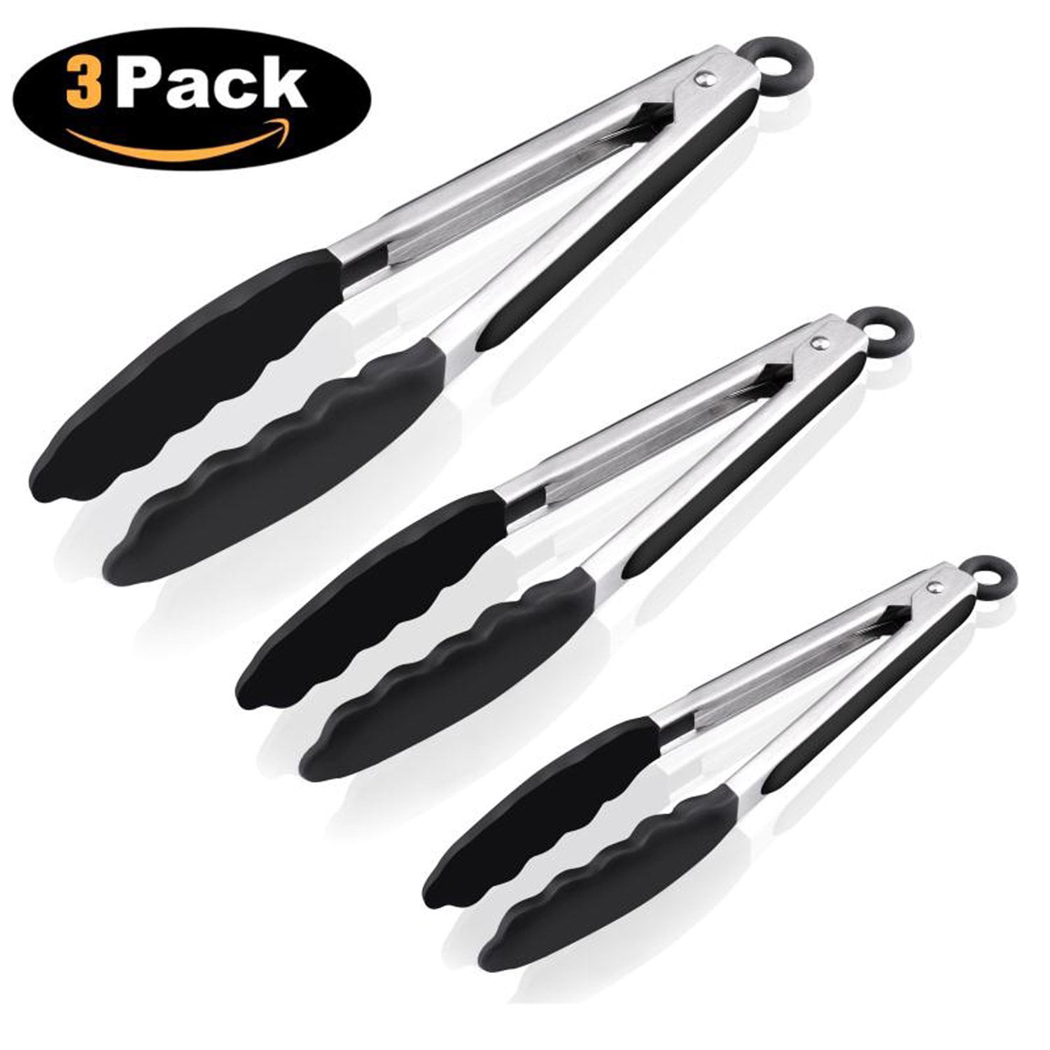9 and 12 Inch Stainless Steel Black Set of Kitchen Tongs for Cooking or Grilling: Includes 7 3 Pack Perfect for BBQ Grill or Household Cooking Heat Resistant Locking Tongs with Silicone Tips 