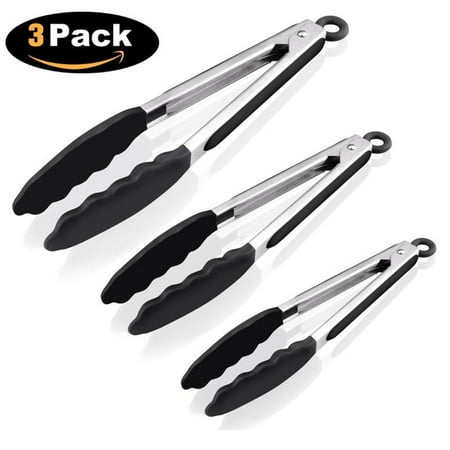 Set of 3 Silicone Barbeque Tongs Stainless Steel Kitchen Tongs, 7, 9, 12 in, BBQ Tongs with Tips and Locking Mechanism, BPA-Free Non-Toxic Dishwasher-Safe Non-Slip, for Cooking Serving Grilling,
