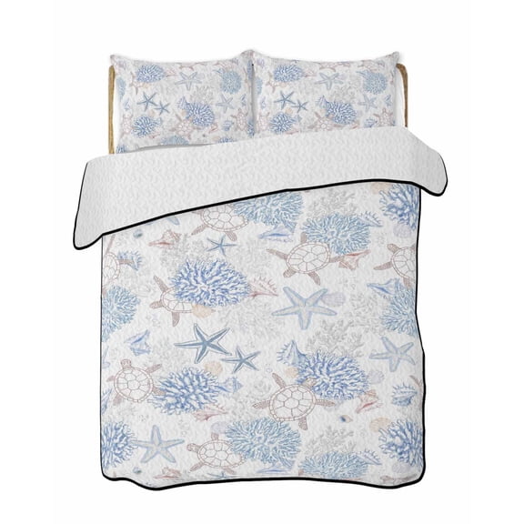Quilts Twin-XL Size Bedding Set, Blue Coastal Lightweight Quilted Comforter, Summer Beach Ocean Coral Sea Turtle Starfish Soft Bedspread Coverlet with Pillow Covers for All Season, 68" x 98"