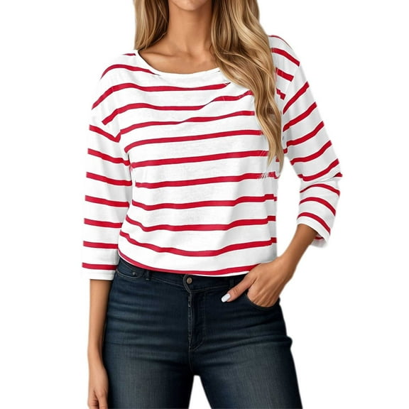 Arlun Women’s Casual Stripe Crew Neck Tops 3/4 Sleeves Loose Comfortable Fit T-Shirts for Everyday Wear 2026 Fashion Workout Tee Stylish and Leisure Streetwear Red XL