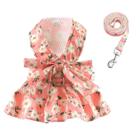Small Dog Harness Dress with Leash,Dog Dress Bowknot Harness Leash Set,Floral Princess Dog Dress Harness Vest,Cat Puppy Doggy Outfits for Outdoor Walking Pink S