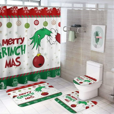 Huchen The Grinch Shower Curtain Set Grinch Shower Curtain Set Christmas Shower Curtain Set Christmas Snowman Print toilet Bathroom Mat And Shower Curtain Four-Piece Set