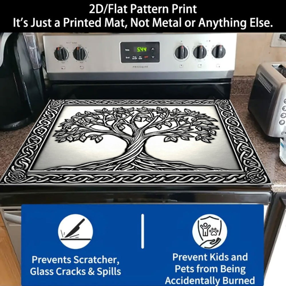 1 2D/flat stove cover protection pad, Celtic junction frame embossed tree pattern design, 28.3x20.5 inches (72×52cm), easy to clean, perfectly suitable for any kitchen, washing machine, dryer, stove