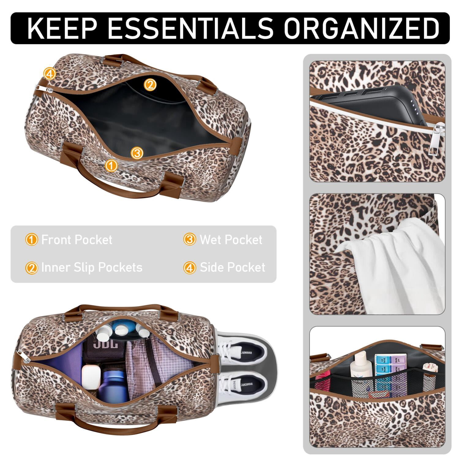 Leopard Womens Gym Tote Duffle Bag with Wet Pocket & Shoe Compartment, Checkered Travel Duffel Bag Overnight Weekender Hospital Tote Girls Workout Carry on Bag with Luggage Sleeve