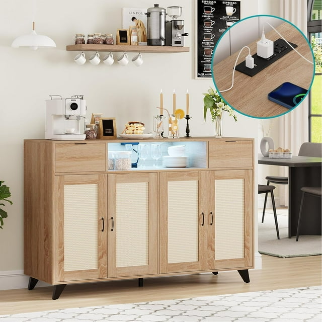 TROPOW Sideboard Buffet Cabinet, 4 Rattan Doors 2 Drawers Accent Storage Cabinet, Console Table Coffee Bar w/Power Outlet & LED Light, Adjustable Shelves for Dining Living Room, Hallway, Brown