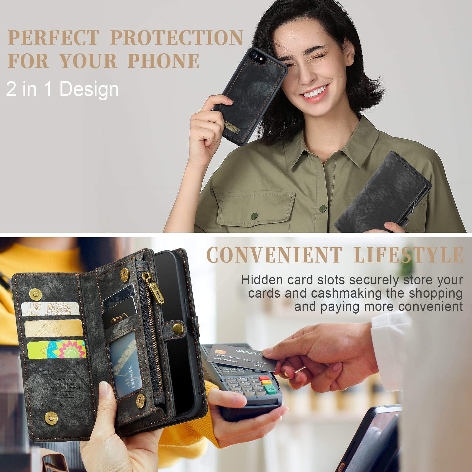 Feishell Durable 2-In-1 Magnetic Detachable Wallet Case for iPhone 7/8/SE 2020/SE 2022,for Women Men,Premium PU Leather Zipper Pocket Flip Multi Card Slots Purse Phone Case with Wrist Strap,Black