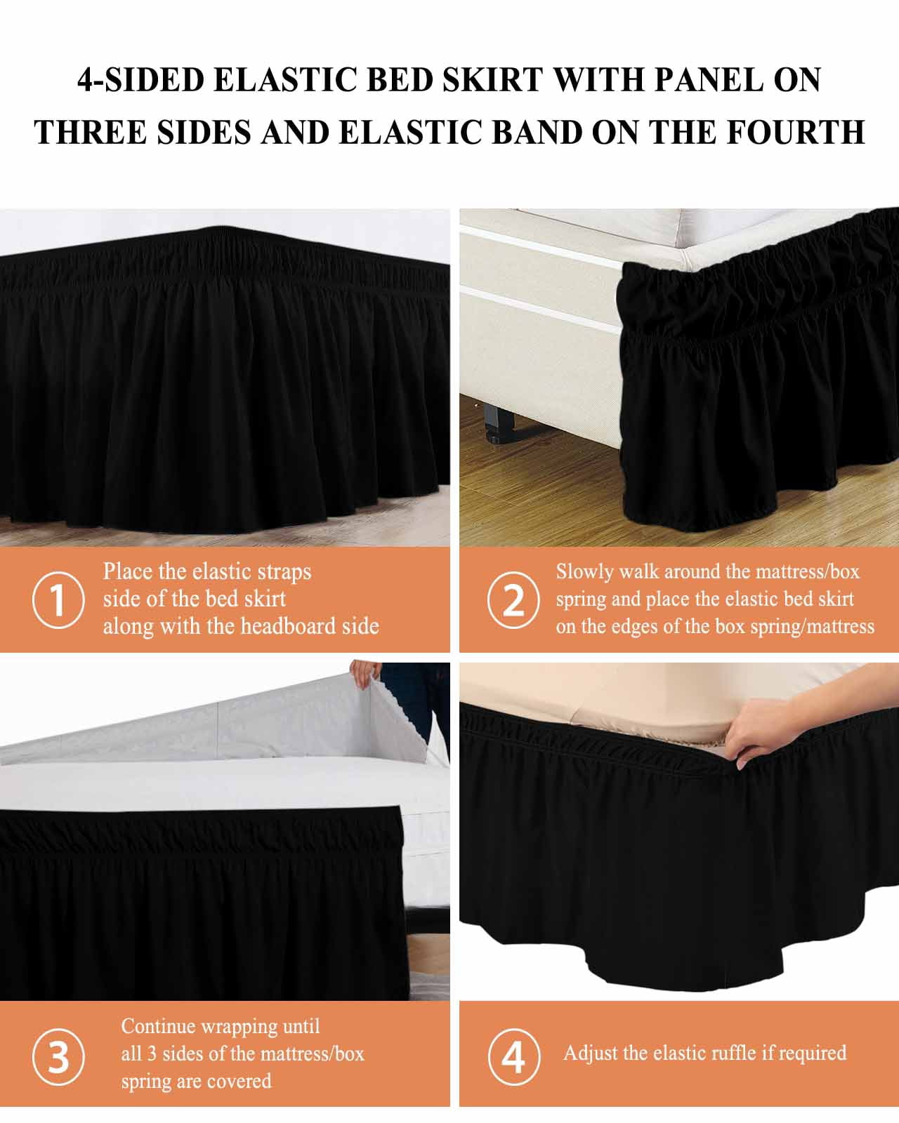 Black Bed Skirt Cal King Size, Pure Black Wrap Around Bed Skirting with Adjustable Elastic Strap, Dust Ruffled Pleated Bedskirts 18 Inch Drop for Bedroom Cal King Beds