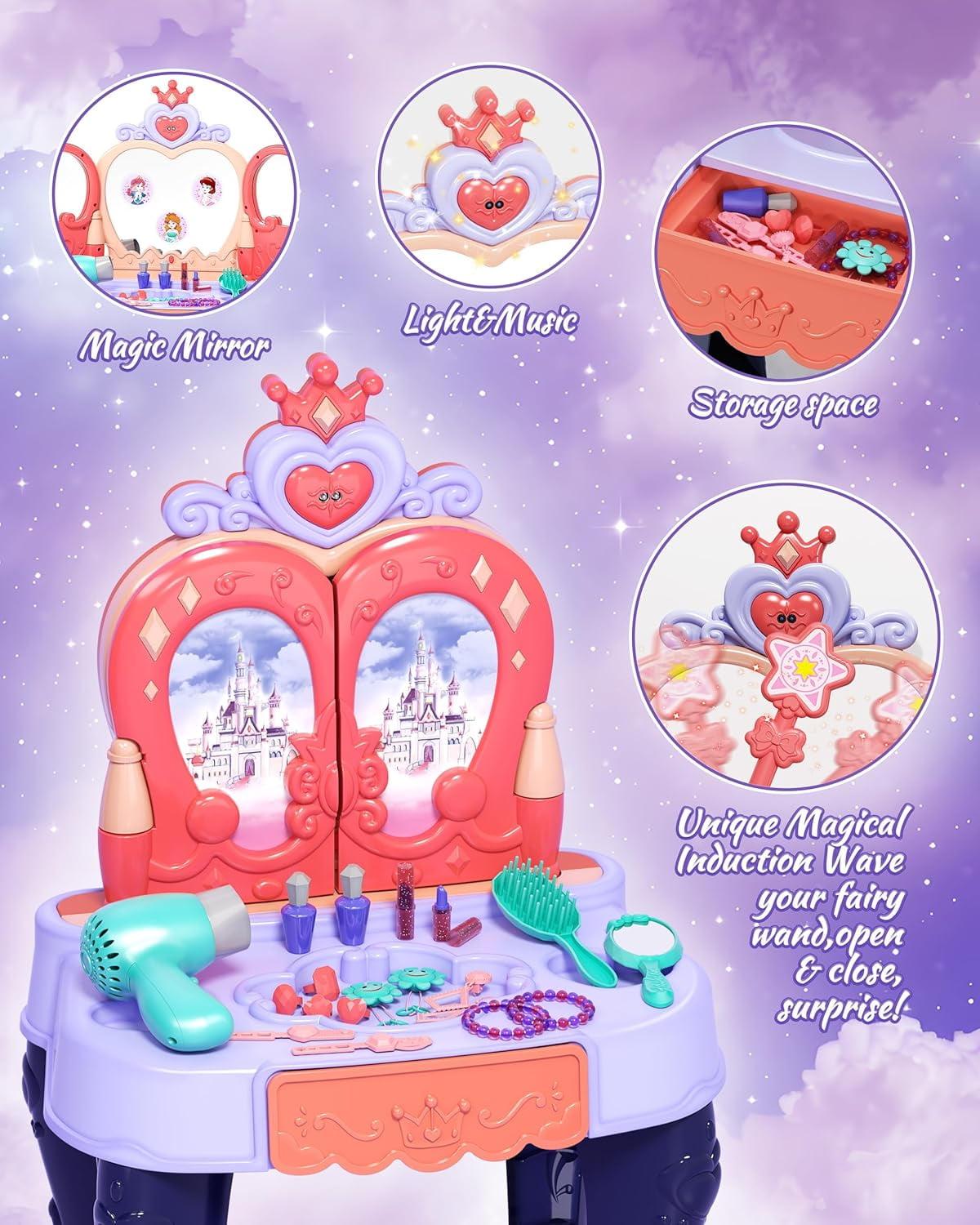RUVINCE Toddler Vanity Set with Mirror, Chair, Music, Lights, and Accessories for Kids Ages 3-5