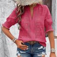 thumbnail image 5 of New Summer Arrivals Olyvenn Puff Sleeve Tops for Women Hollow Out Lace Notched Collar Bubble Blouses V Neck Ruffled Short Sleeve Eyelet Chiffon Shirts Hot Pink S, 5 of 8