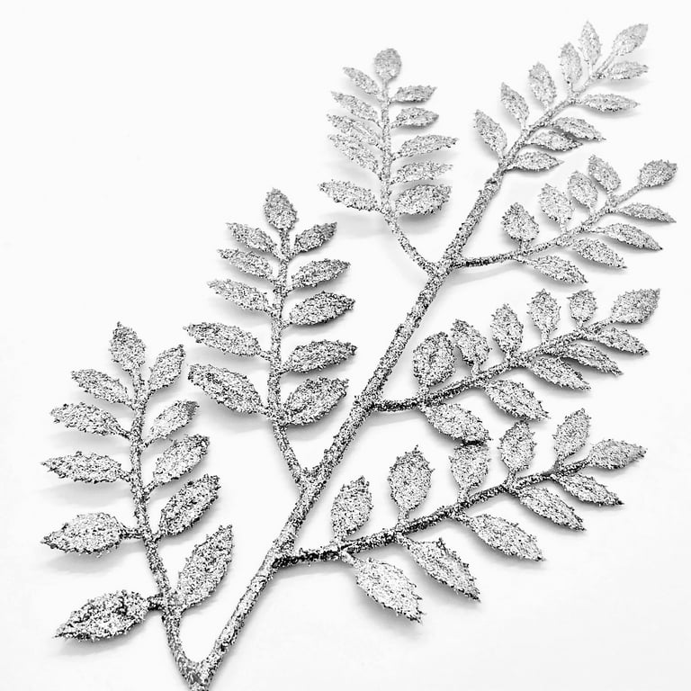 YHDSN 17.71 Glitter Leaves Picks Sprays Artificial Holly Leaves Picks  Stems Wired Twig Stem Fake Bunch for DIY Garland Holiday Christmas Wreath  Ornament (Silver) 