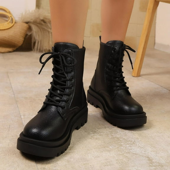 Tawop Women Boots Mid-Calf Thick Sole Zipper Fall Black Boots