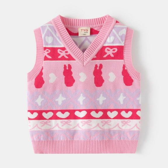 WAVSUF Plush Sweater Vest Kids Girls Winter Jacket Vest New Bow-knot V-neck Cotton V-neck Knitted Waistcoat Pink Size 5 Years