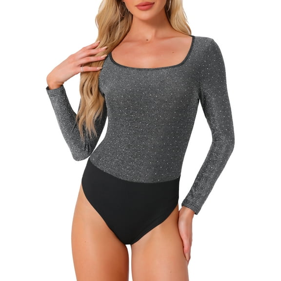 INSPIRE CHIC Women's Party Bodysuits Metallic Shiny Dots Square Neck Long Sleeve Tops XS Silver Black