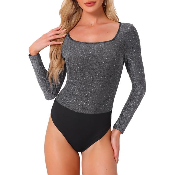 INSPIRAR CHIC Body de Fiesta para Mujeres con Puntos Metálicos Brillantes Cuello Cuadrado de Manga Larga L Plata Negro