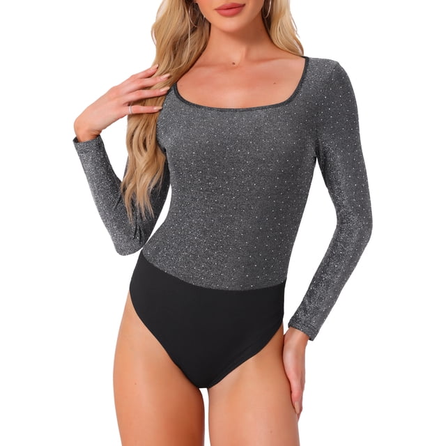 INSPIRAR CHIC Body de Fiesta para Mujeres con Puntos Metálicos Brillantes Cuello Cuadrado de Manga Larga Tallas XL Plata Negro