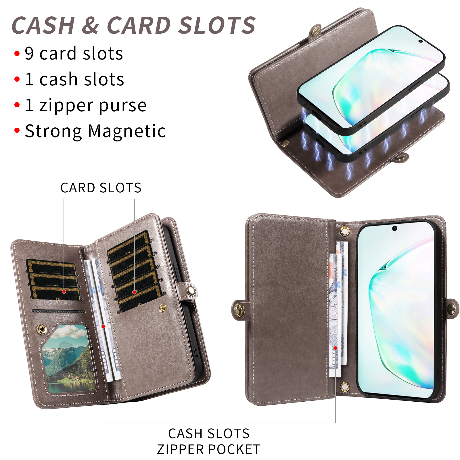 Asuwish Phone Case for Samsung Galaxy Note 10 5G Zipper Wallet Detachable Cell Cover with Tempered Glass Screen Protector Lanyard Strap Flower Flip Card Holder Note10 Notes 10s Ten Not S10 Women Gray