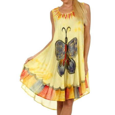 - Sakkas Butterfly Tie Dye Tank Sheath Caftan Mid Length Cotton Dress - Yellow - One Size