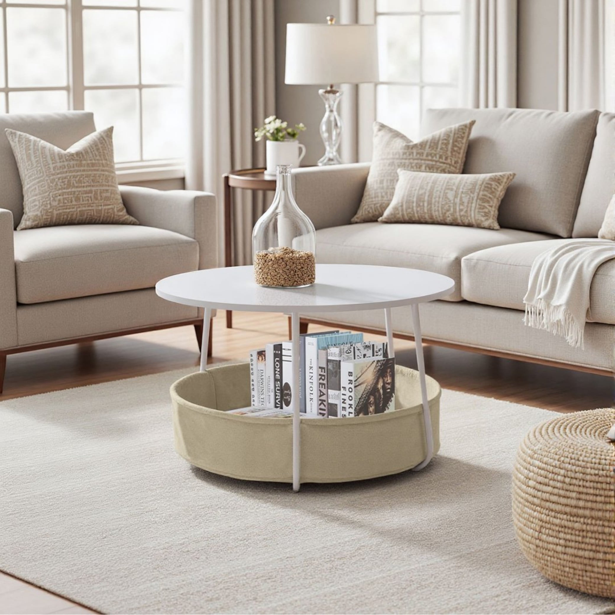 BSHTI 30" Round Coffee Table with Fabric Storage Basket – Space-Saving End Table for Living Room, Bedside Nightstand, Matte White & Beige